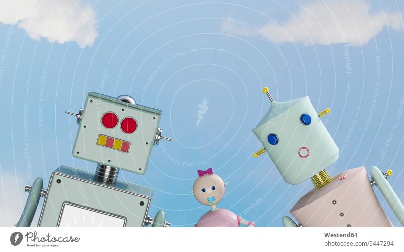 Portrait of robot family outdoors, 3d rendering concept concepts conceptual blue sky blue skies clear sky male likeness futuristic the future visionary couple