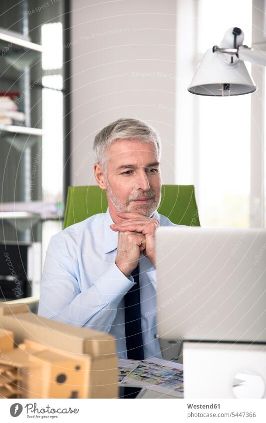 Businessman working in office, using laptop expertise competence competent At Work sitting Seated Concentration concentrating concentrated Laptop Computers