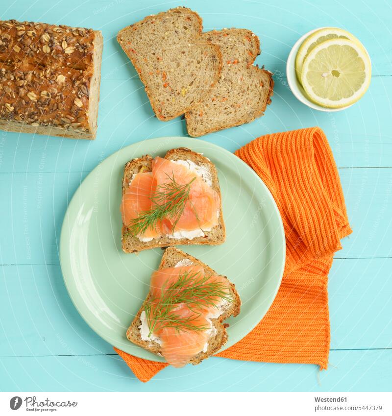 Carrot bread with cream cheese and smoked salmon food and drink Nutrition Alimentation Food and Drinks Carrot Bread nobody overhead view from above top view