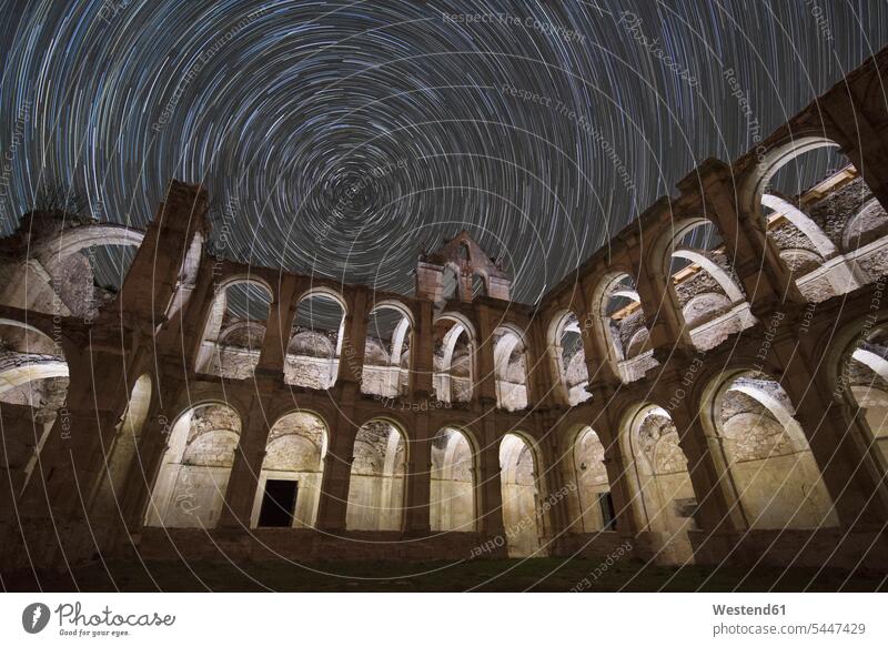 Spain, Valle de Manzanedo, star trails over ruined Rioseco Abbey sky skies historical Long Exposure Time Exposed Time Exposure tranquility tranquillity Calmness