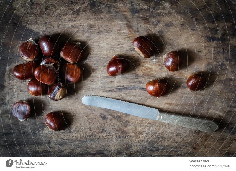 Sweet chestnuts and knife food and drink Nutrition Alimentation Food and Drinks wooden copy space Chestnut Chestnuts Aesculus hippocastanum overhead view