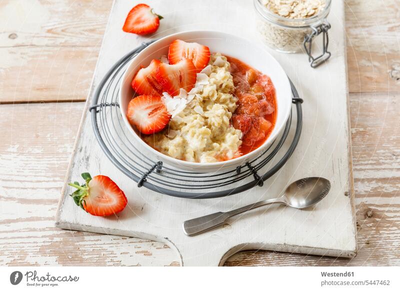Porridge with strawberry and rhubarb Tray Trays Chopping Board Cutting Boards Chopping Boards healthy eating nutrition oat meal fruit Oat Flakes rolled oats