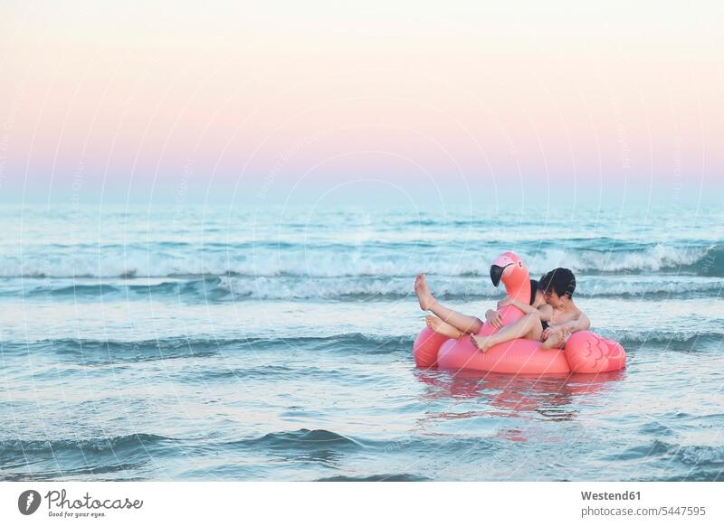 Couple in love floating with inflatable pink flamingo on the sea at sunset Sea ocean couple twosomes partnership couples kissing kisses water people persons
