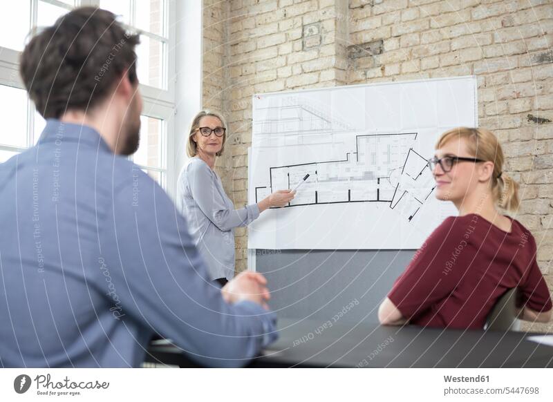 Mature businesswoman explaining floor plan to colleagues business people businesspeople coworker coworkers sharing share learning office offices office room