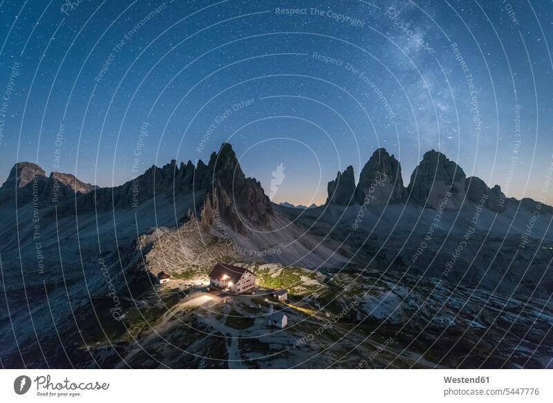 Italy, Sexten Dolomites, Tre Cime di Lavaredo, Nature Park Tre Cime, Rifugio Antonio Locatelli at night sky skies by night nite night photography house houses