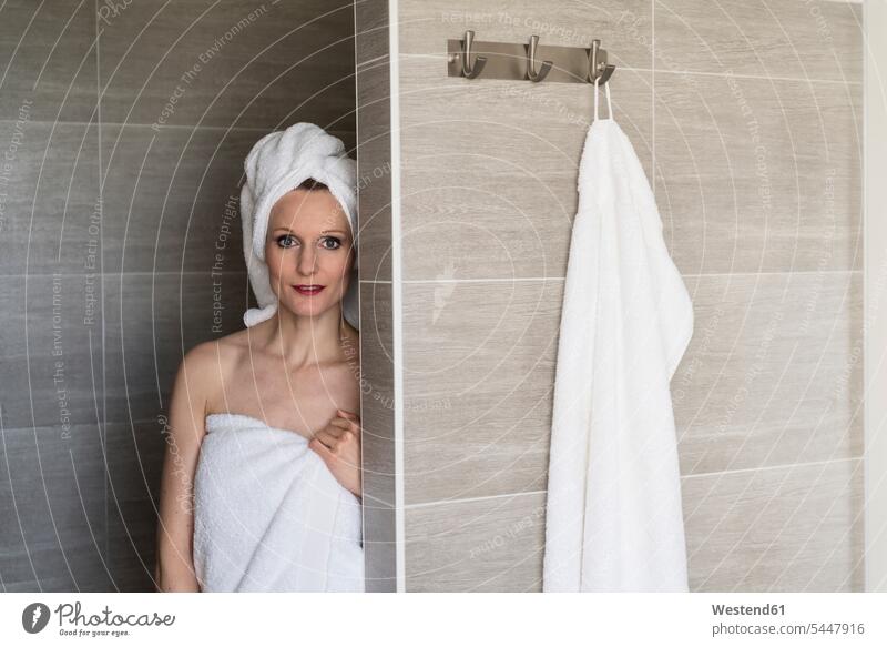 Portrait of woman wearing towels in the bathroom portrait portraits females women Bath Adults grown-ups grownups adult people persons human being humans
