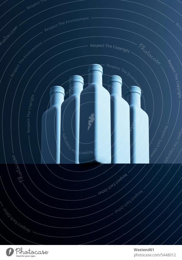 Five bottles in front of dark background, 3D-Rendering Conformity alike conform Conformance simplicity Modest simple equality arrangement grouping five objects