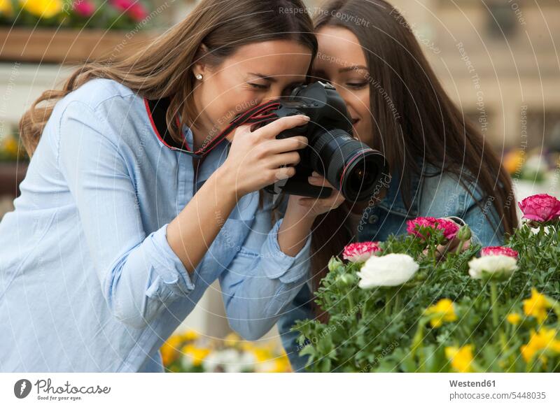 Girlfriends photographing potted plants at flower stall Flower Flowers pot  plants pot plant together female friends camera cameras analogue Plant Plants mate