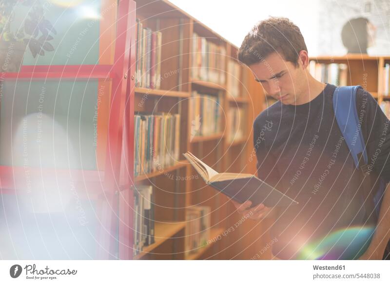 High school student reading a book in library learning pupils books education schools caucasian caucasian ethnicity caucasian appearance european casual