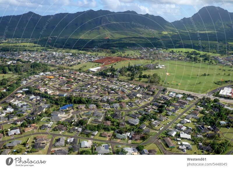 USA, Hawaii, Kauai, Lihue, aerial view nobody village view townscape residential area Residential Districts Residential Areas nature natural world Housing Area
