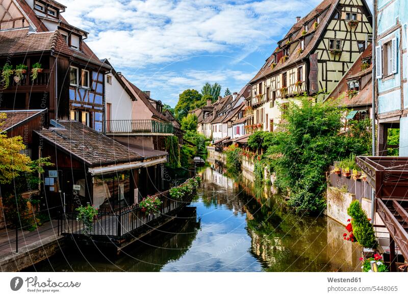 France, Colmar, half-timbered houses in Little Venice nobody historic historical ancient water reflection water reflections River Rivers idyllic quaint