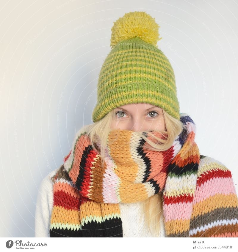 nestled Illness Knit Human being Feminine Young woman Youth (Young adults) 1 18 - 30 years Adults Winter Clothing Scarf Cap Cold Cuddly Warmth Multicoloured