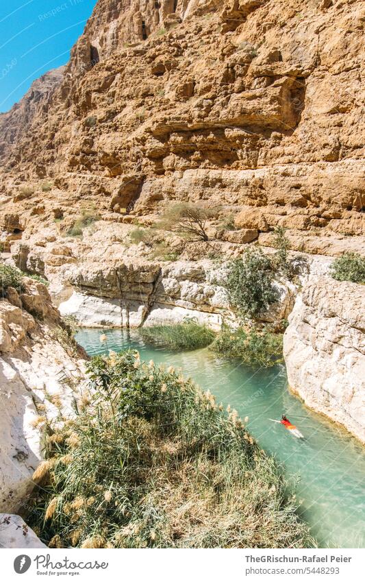 Woman swimming in a river (wadi) in Oman Wadi Wadi shab Nature Sand Dry Vacation & Travel clear water River Water Tourism Swimming & Bathing popular Cliff