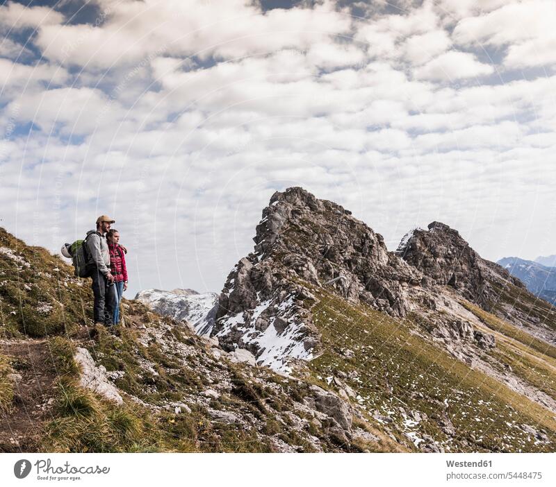 Germany, Bavaria, Oberstdorf, two hikers in alpine scenery mountain range mountains mountain ranges couple twosomes partnership couples hiking landscape
