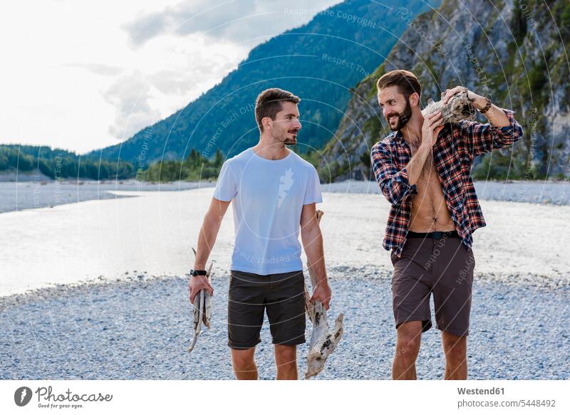 Germany, Bavaria, two friends collecting firewood in nature Firewoods collected friendship looking eyeing natural world trekking view seeing viewing