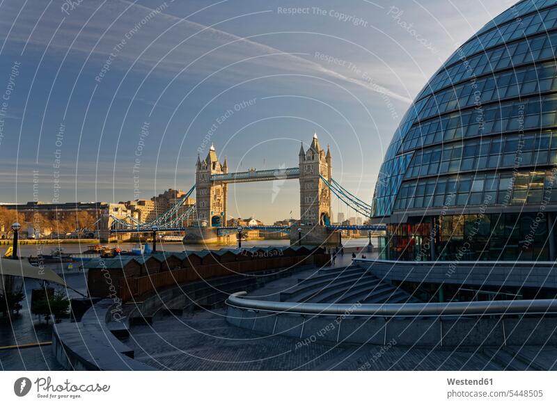 UK, London, City Hall and Tower Bridge capital Capital Cities Capital City dome cupola domes River Rivers Architecture townhall town hall city hall riverside