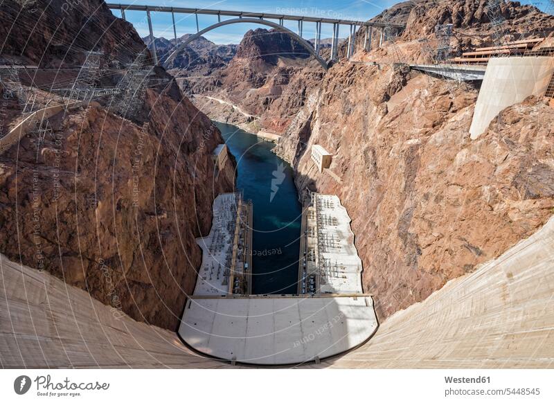 USA, Nevada, Arizona, Lake Mead, Colorado River, Hoover Dam, Mike O’Callaghan-Pat Tillman Memorial Bridge reservoir dam storage lake reservoirs dammed lake