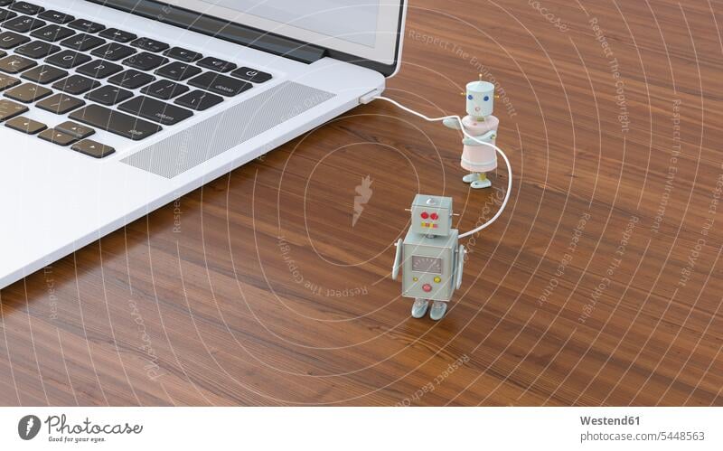 Male robot being charged at laptop, 3D rendering technology technologies engineering Charging recharging Charging Plug Energy Vigour Vigor Spiritedness Vitality