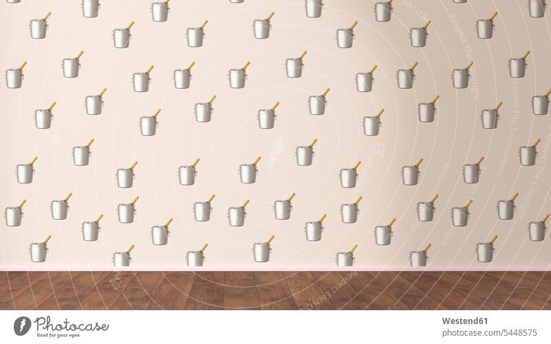 Wallpaper with champagne cooler pattern and wooden floor, 3D Rendering patterned wall walls wallpaper wall paper wallpapers wall papers wooden floors full frame