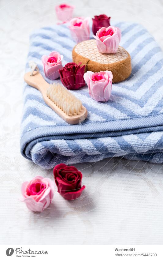 Bath roses, massage sponge, towel and brush enjoying indulgence enjoyment savoring indulging Bathroom still life still-lifes still lifes Massage sponge