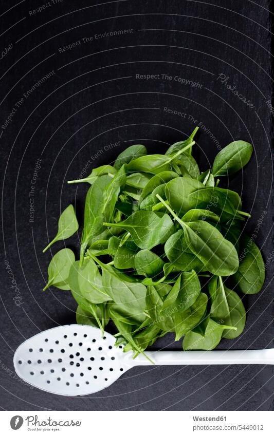 Leaf spinach and white skimmer on slate Leaves Freshness fresh healthy eating nutrition overhead view from above top view Overhead Overhead Shot View From Above