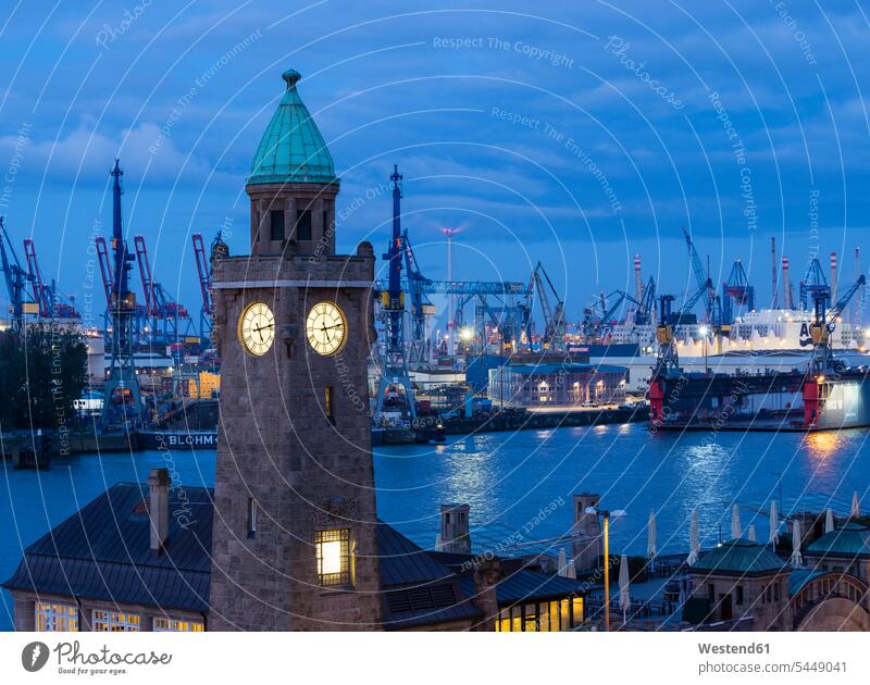 Germany, Hamburg, Clock tower at the landing stages Blue Hour towers copy space city view city pictures city views urban view of the city City Views cityview