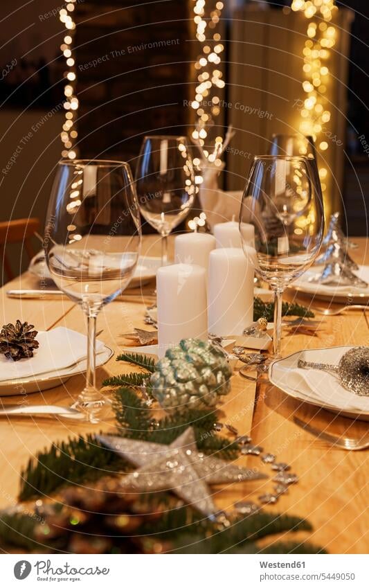 Festively decorated table for Christmas sparkling sparkle rustic indoors indoor shot Interiors indoor shots interior view celebration social event celebrations