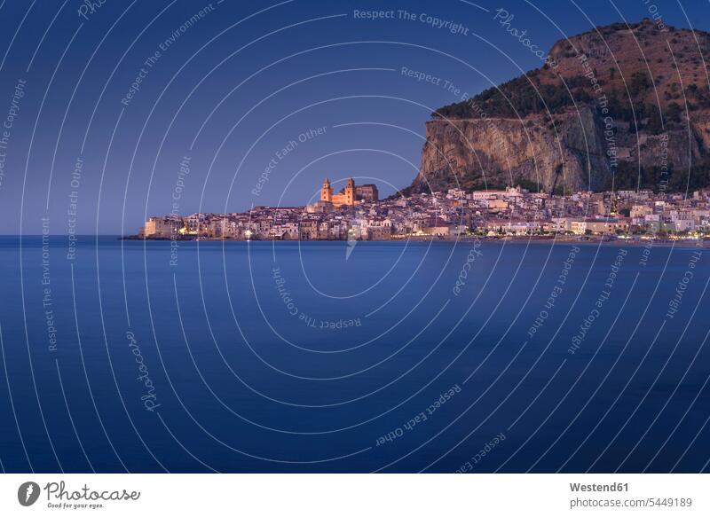 Italy, Sicily, Cefalu in the evening bay Bay Of Water bays evening mood evening light Rocca di Cefalu water Long Exposure Time Exposed Time Exposure
