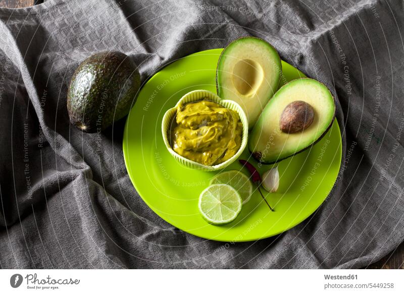 Bowl of Guacamole and ingredients on plate overhead view from above top view Overhead Overhead Shot View From Above Bright Colour vibrant color vibrant colour
