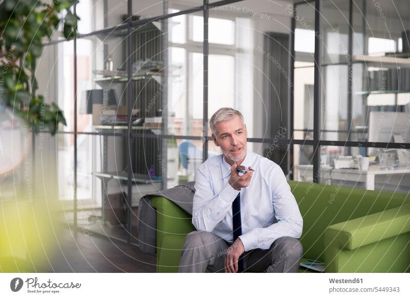Mature businessman sitting on a couch in the office, using smartphone caucasian caucasian ethnicity caucasian appearance european working At Work talking