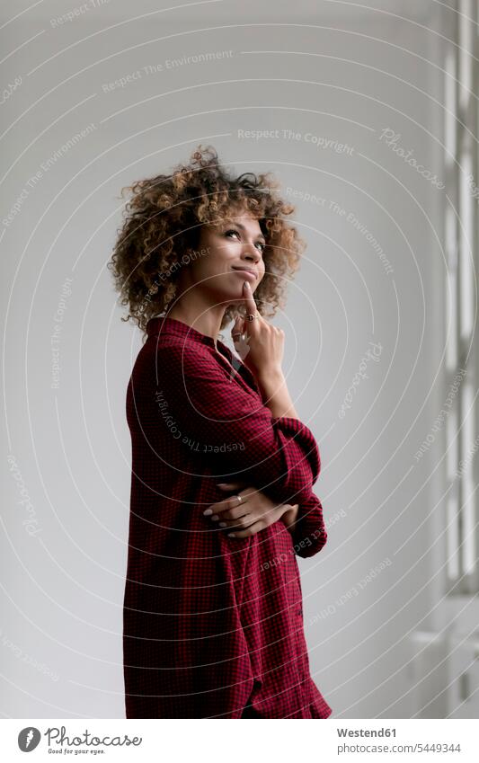 Portrait of thinking woman portrait portraits females women Adults grown-ups grownups adult people persons human being humans human beings Joy enjoyment
