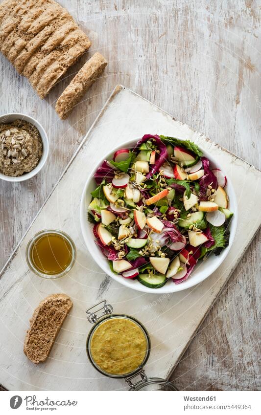 Mixed salad, bread and dip food and drink Nutrition Alimentation Food and Drinks mixed salad Radicchio Radicchio Salad lettuce sprouts dips pieces dressing