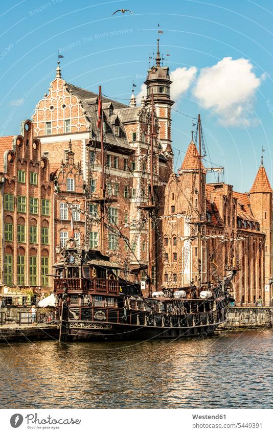 Poland, Gdansk, old town, pirate ship on Motlawa river cloud clouds building buildings gable gables outdoors outdoor shots location shot location shots