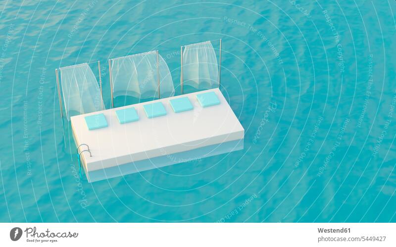 Platform with cushions floating in the sea, 3d rendering dream vacation relaxation relaxed relaxing outdoors outdoor shots location shot location shots blowing