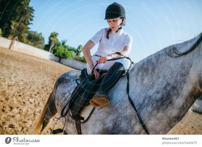 Young rider with horse on riding corral equus caballus horses woman females women riders female rider horsewoman female rides horsewomen horse riding equistry