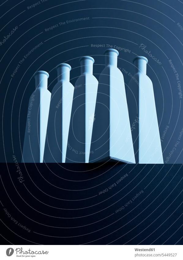 Five bottles in front of dark background, 3D-Rendering Conformity alike conform Conformance simplicity Modest simple equality arrangement grouping five objects