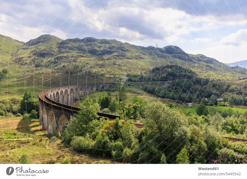 Great Britain, Scotland, Scottish Highlands, Glenfinnan, Glenfinnan Viaduct West Highland Line nobody vastness wide Broad Far copy space wideness Travel valley