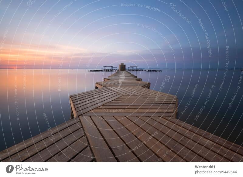 Spain, Murcia, Mar Menor, wooden pier at sunrise Romantic Sky lagoon lagoons morning light View Vista Look-Out outlook jetty jetties nature natural world