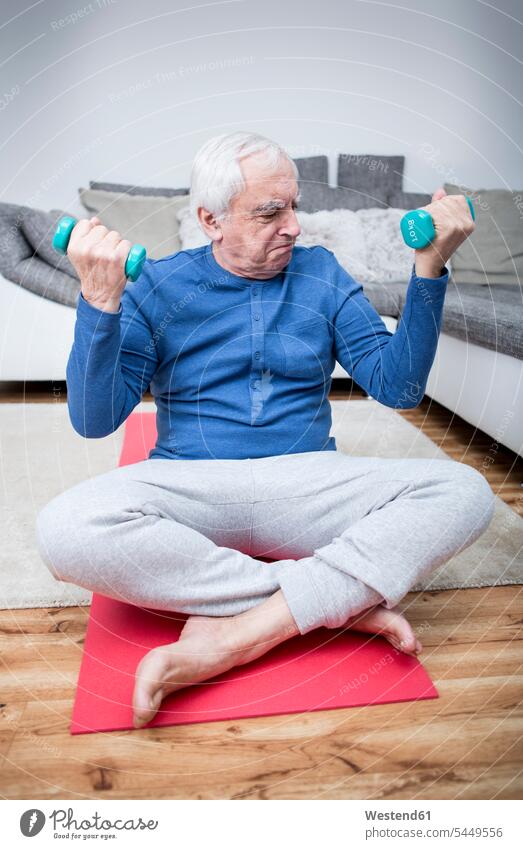 Senior man doing muscle training at home Fitness fit dumbbell dumbbells dumb-bells exercise exercises practising exercising active sitting Seated men males
