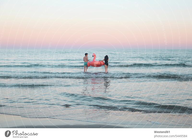 Back view of young couple walking into the sea with inflatable pink flamingo twosomes partnership couples people persons human being humans human beings Sea