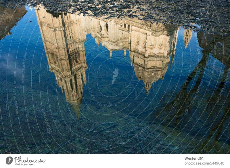 Spain, Toledo, water reflection of Toledo Cathedral in a puddle puddles pool UNESCO World Heritage World Cultural Heritage upside down City Break City Trip