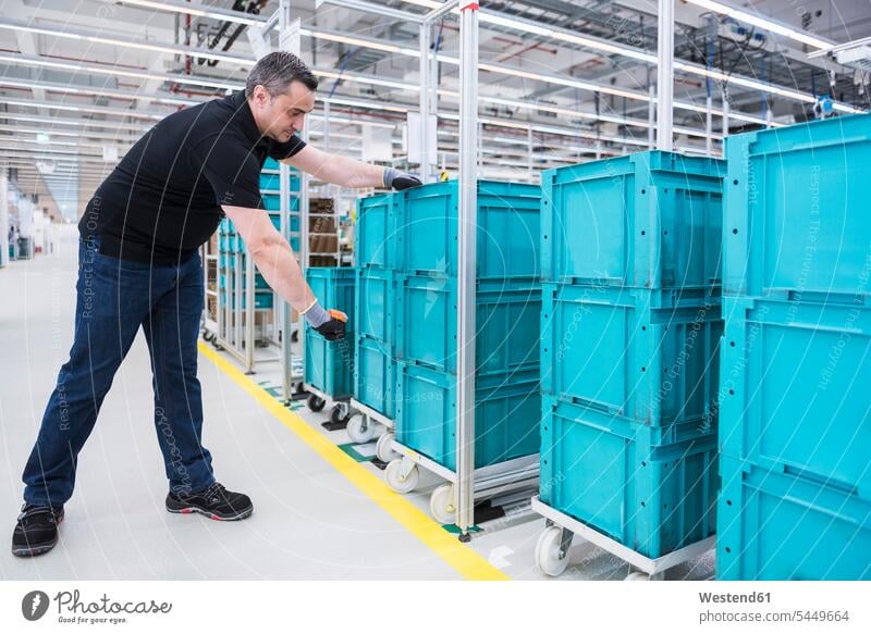 Man scanning boxes on tugger train in industrial hall working At Work man men males factory factories Adults grown-ups grownups adult people persons human being