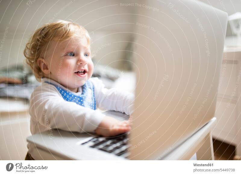 Little boy at home playing with laptop Laptop Computers laptops notebook computer computers smiling smile blond blond hair blonde hair inquisitive