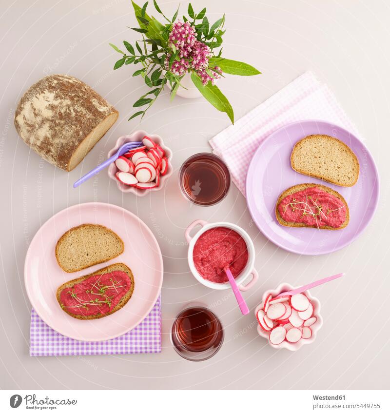 Vegan supper with bread, beetroot spread, red radish and juice food and drink Nutrition Alimentation Food and Drinks Glass Drinking Glasses Choice choose