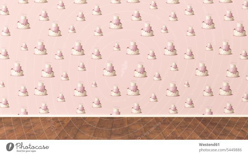 Wallpaper with fancy cake pattern and wooden floor, 3D Rendering patterned 3D-Rendering wall walls wallpaper wall paper wallpapers wall papers wooden floors
