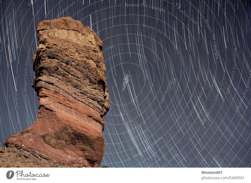 Spain, Tenerife. Stair trails over Roque de Garcia in Teide National Park astronomy impressive monumental rock formation Rock Formations Star Trail Star Trails