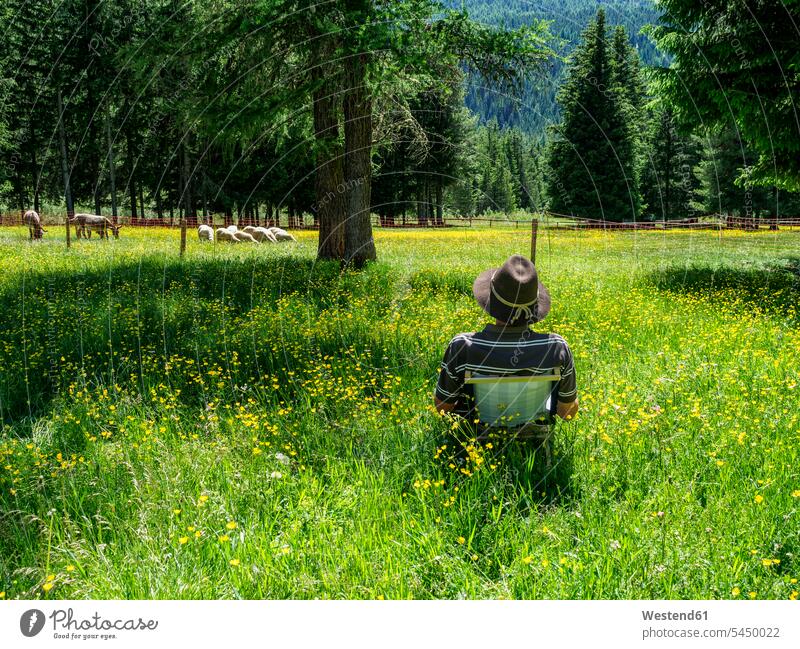 Italy, Lombardy, Stelvio National Park, hiker resting on meadow mindfulness aware awareness self-care contentment modesty leisure free time leisure time sitting