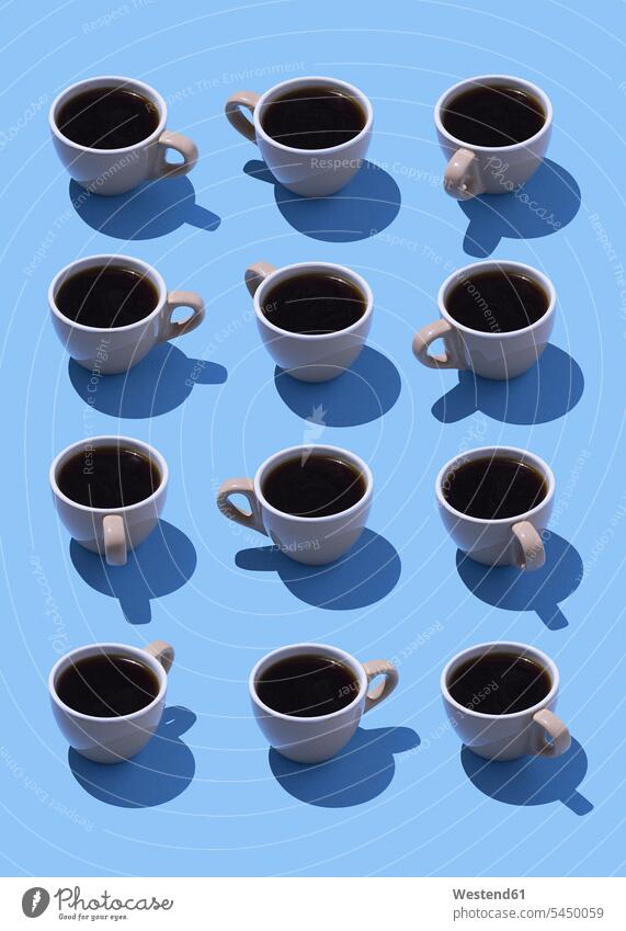 Coffee cups on light blue ground, 3D Rendering Office Offices community Companionship conference meeting Porcelain abundance Plentiful black coffee team bonding