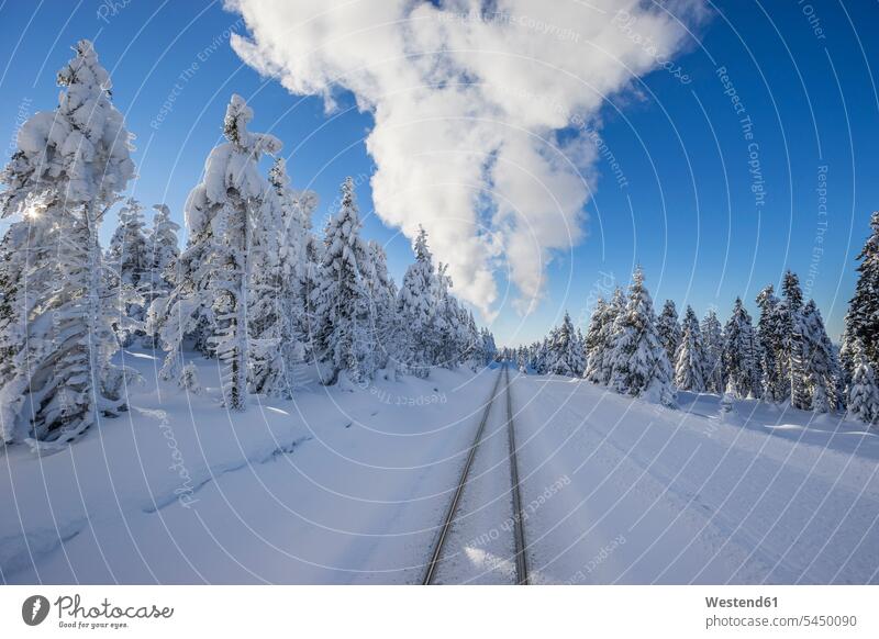 Germany, Saxony-Anhalt, Harz National Park, Brocken, rail tracks of Harz Narrow Gauge Railway in winter, cloud of steam National Parks rural scene