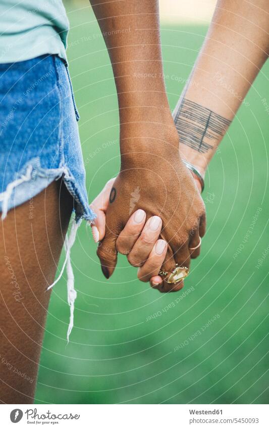 Two women holding hands in a park human hand human hands female friends people persons human being humans human beings mate friendship woman females lesbian